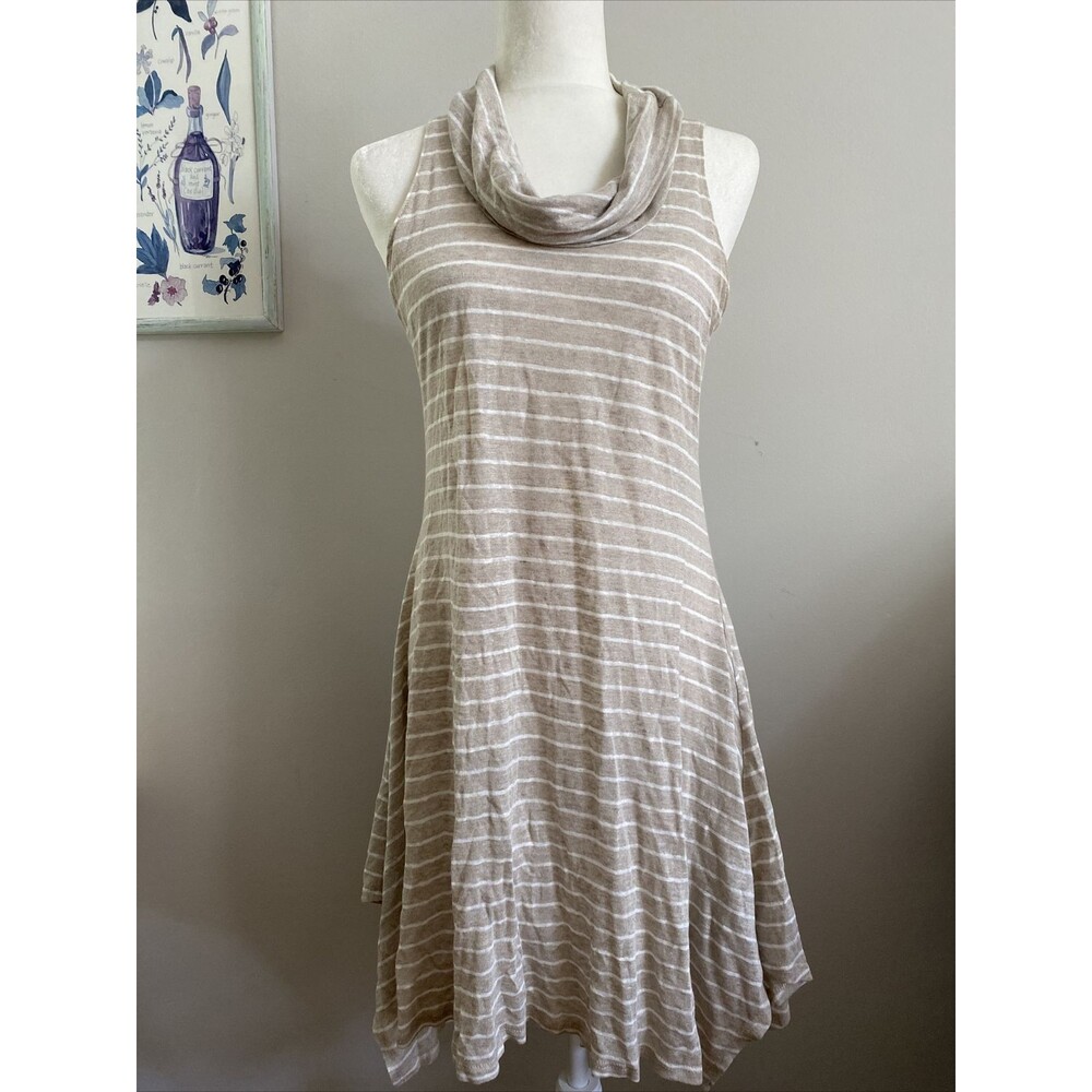 Women Dress 100% Linen Organic Eco Beige Sundress S Soft High Low Hi Lo Cowl M